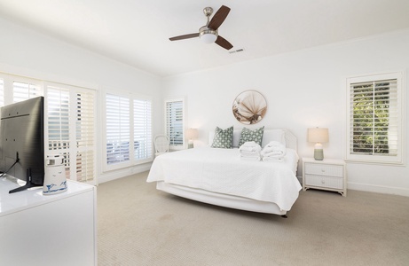 Your primary downstairs bedroom with a king bed and large windows