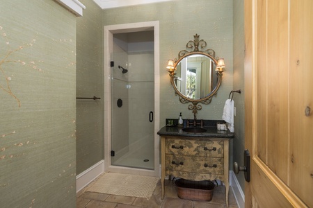 For guests using the pullout couch, the full downstairs bathroom is nearby