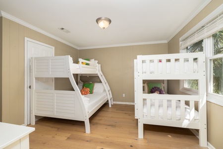 Your bunk room shares a Jack and Jill bathroom with your second king bedroom