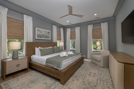 Your primary bedroom features a king bed and en suite bathroom