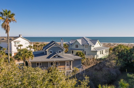 Coastal homes nestled among tropical palms with pristine beach and ocean stretching beyond the dunes.