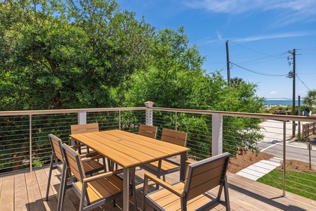Your front porch features outdoor dining space and seating