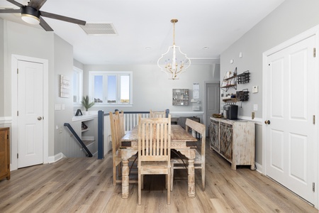 Take the stairs up to your dining and kitchen area
