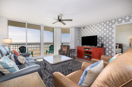 Wake up to sweeping Atlantic Ocean views from your living room and private balcony — oceanfront vacation condo Sand Fort @ FB, Folly Beach.