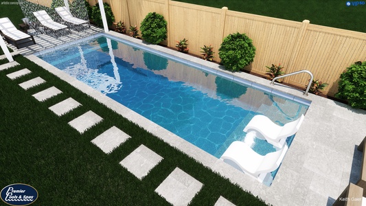 An aerial rendering of a private backyard pool with clean lines, lush greenery, and lounge seating. The space features stepping stones through manicured grass and a bamboo privacy fence.