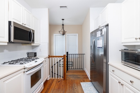 Your kitchen is fully equipped and features a gas range