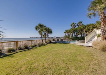 A large lawn is the perfect place to kick the ball around while listening to ocean waves