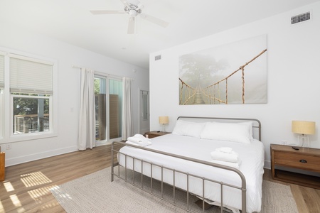 Your primary bedroom features a king bed, en suite bathroom, and a private deck