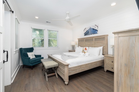 Your primary bedroom features a king bed and en suite bathroom