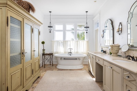 Soak in your freestanding tub in your primary bathroom