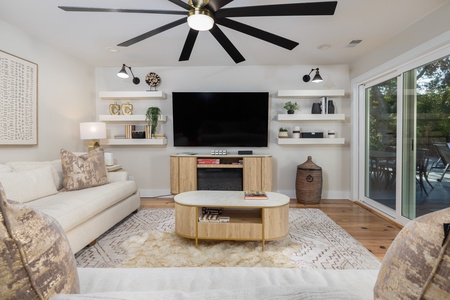 Your living room features an oversized fan for those warm Charleston summer days