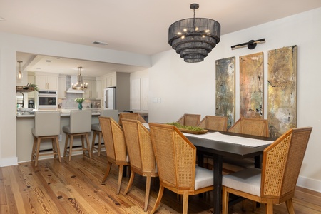 The large dining room table is suitable for 8 people