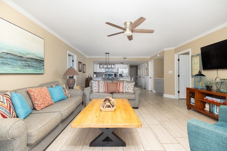 This living room is the perfect spot to relax after a day by the water