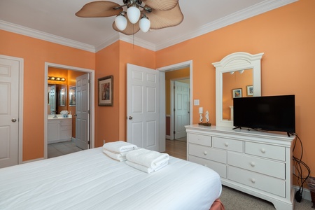 An en suite bathroom is steps away from your queen bed