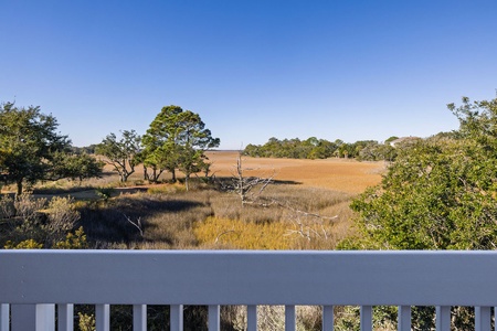 Expansive natural marshland surrounds the home, offering serene views of protected wilderness under clear blue skies.