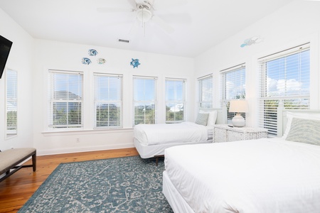 The upstairs twin bedroom is great for families with kids