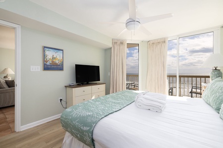 Wake up to stunning ocean views from your comfortable bed, where gentle sea breezes and natural light create the perfect beachside retreat.
