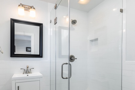 Enjoy a walk-in shower and vanity in your king en suite bathroom
