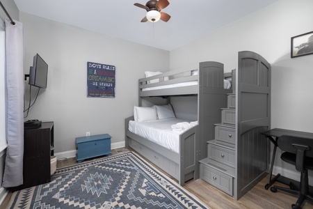 A cozy bunk room is perfect for kids