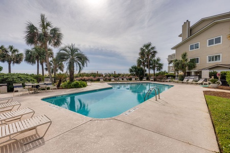 Resort-style community pool surrounded by tropical palm trees and comfortable lounge chairs. Perfect for a relaxing afternoon.