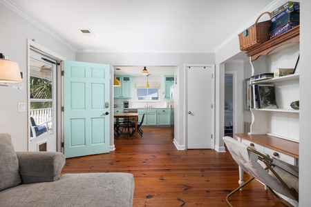 Across from your living room is your kitchen