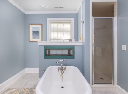 Primary ensuite with soaking tub and shower
