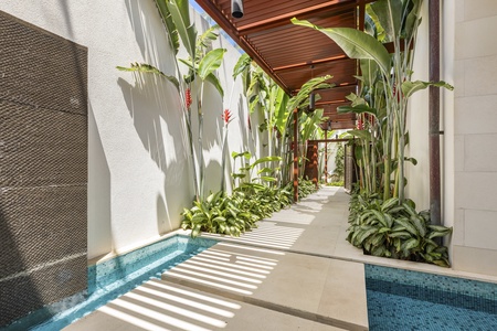 Walk through the lush tropical pathway to the front door, where your private paradise awaits.