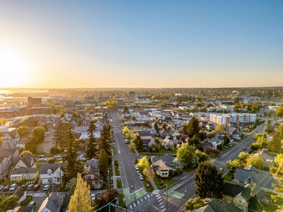 Take in Bellingham’s tree-lined streets and nearby waterfront from above the York neighborhood.