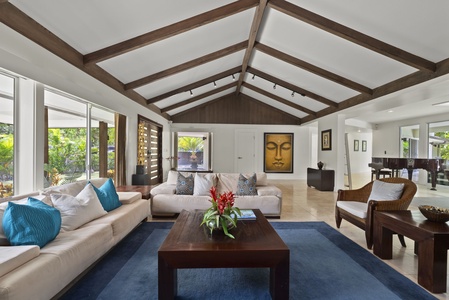 Spacious dining area for ten, where guests can gather with views of the pool and gardens.