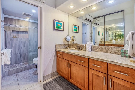 The bathroom features a spacious vanity with plenty of counter space and a well-lit mirror, along with a walk-in shower.