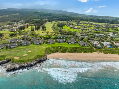 This aerial view of Kapalua Ridge Villas Resort shows the villas just moments from the pristine beach.