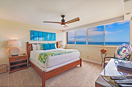 The open-concept living area at Royal Kahana 610 is filled with natural light and offers breathtaking ocean views, perfect for relaxing or entertaining.