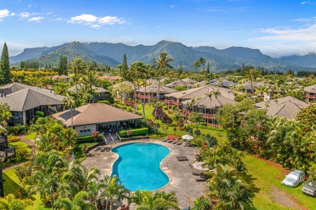 From above, the pool and gardens spread out below the North Shore mountains.