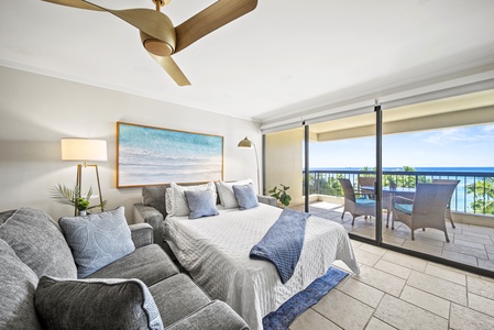 The queen sleeper sofa provides flexible sleeping space with stunning views and easy lanai access.