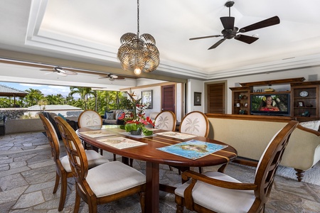 Formal dining on the custom surf board table!