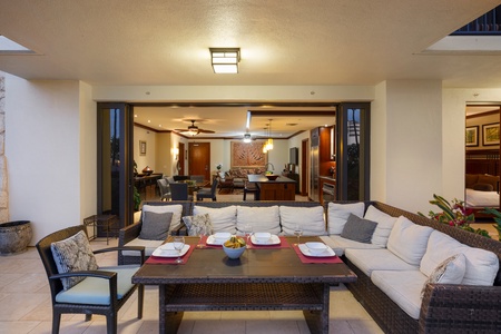 The view from the lanai with plenty of seating looking to the interior of the house.
