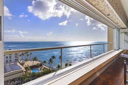 Ocean and city views from the open-air balcony.