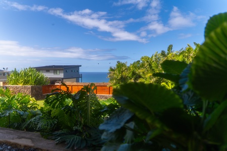 Picturesque view of the ocean peeking through lush vegetation under a clear blue sky.