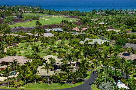 Aerial view of the lush, green neighborhood with ocean views in the distance.