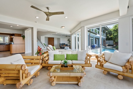 The expansive living room offers plenty of seating for everyone to relax.