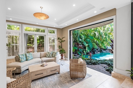 Twilight sky over the pool creates a tropical dreamscape.