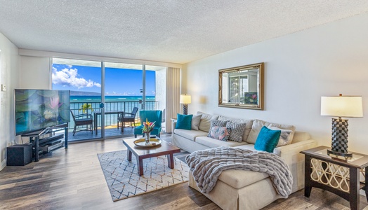 Ocean views from Royal Kahana 308’s sofa invite you to sit back and soak it all in.