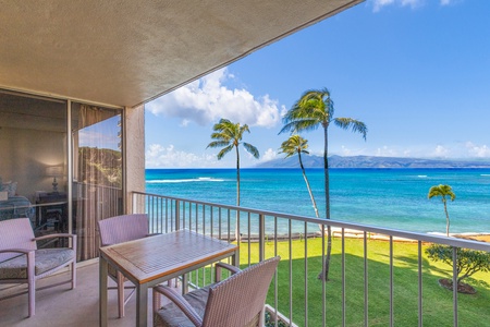 Palm trees and ocean views greet you from the lanai at Royal Kahana 308.