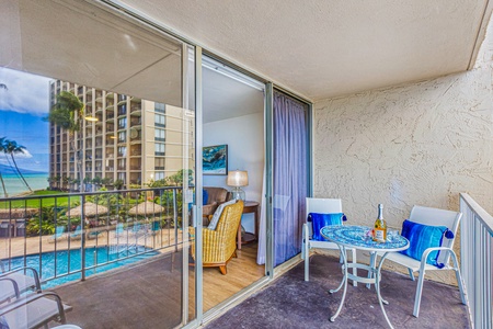 Step onto the lanai at Royal Kahana 213 and unwind with views of the pool and tropical grounds.