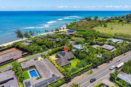 Aerial view of Kaunala Retreat with beach proximity and gated community privacy.