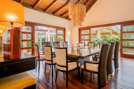 Elegant dining area with table for twelve.
