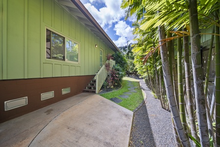 Side walkway to studio with lush privacy plantings—connects yard areas while adding garden charm.