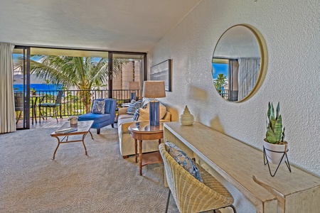 Work from paradise at Kaanapali Shores 544—stylish desk nook with a comfy seat and tropical views.