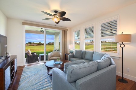 Lanai with distant ocean and golf course views