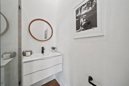 The sleek vanity area is perfect for getting ready before heading out to explore.